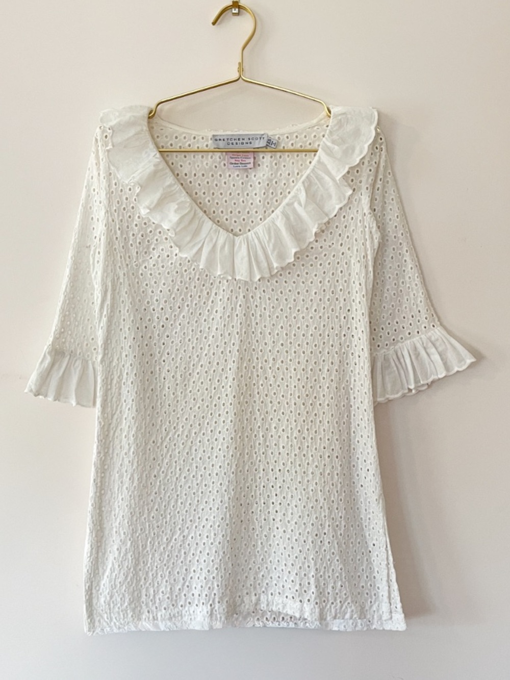 GRETCHEN SCOTT VGUC White Eyelet Ruffle Neck Tunic Resort Beach Swim Coverup